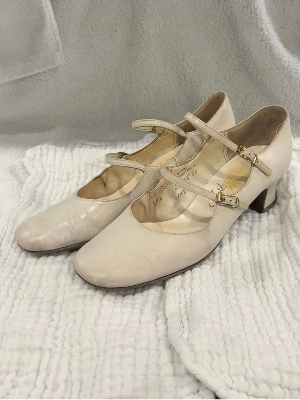 Cream Mary Jane Low Heel Pumps with Double Straps